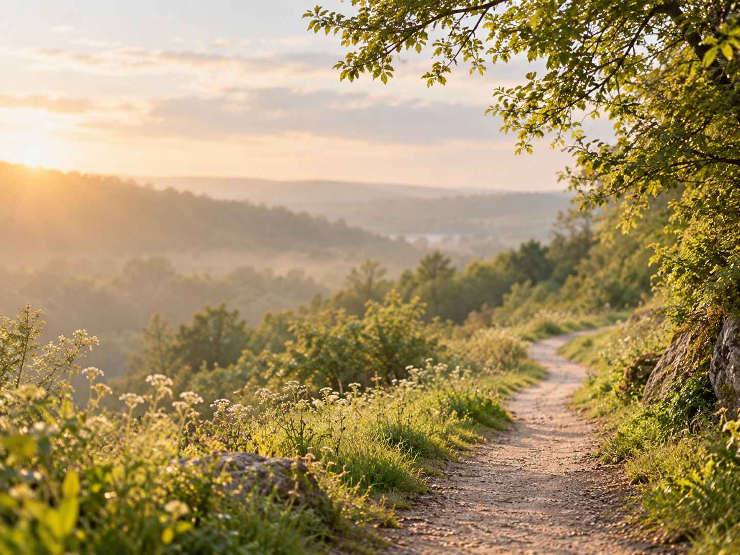 A peaceful countryside path in warm natural light