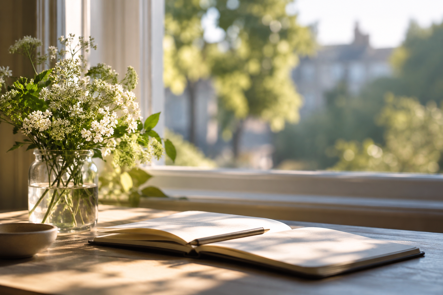 Open notebook and flowers in soft natural light